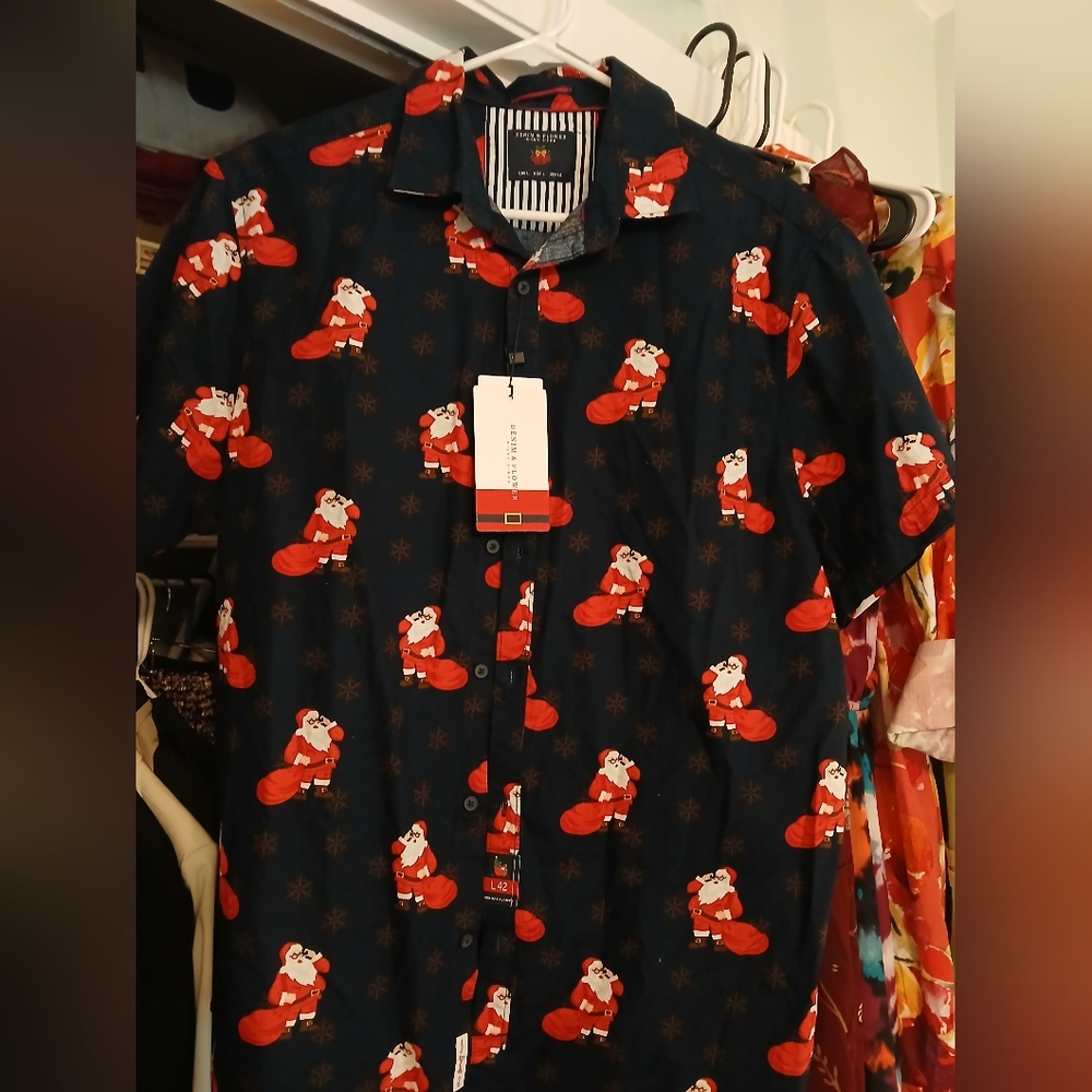 Denim & Flower Men's Navy Santa Print Shirt